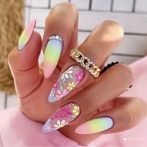 Press On Nails with Colorful Flower Matte Full Cover Long Almond NWT